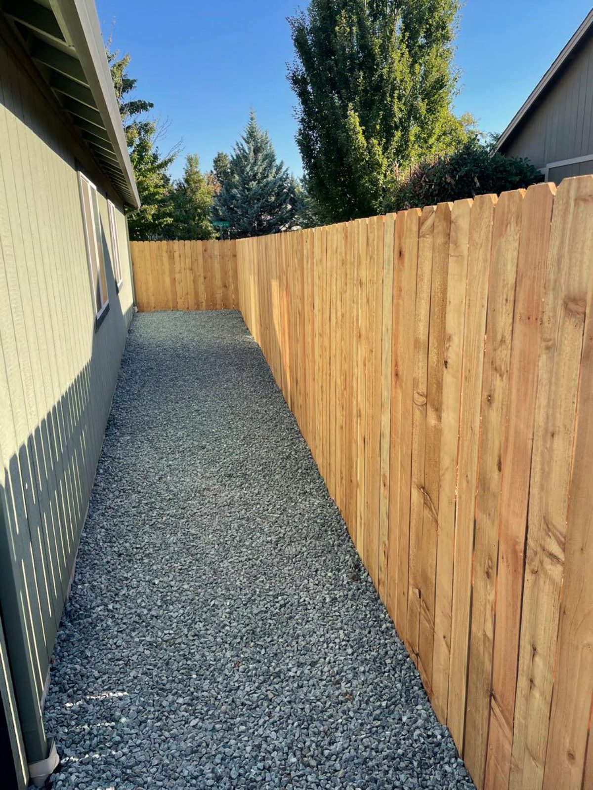 Cedar privacy fence along a planted side yard, Medford Oregon