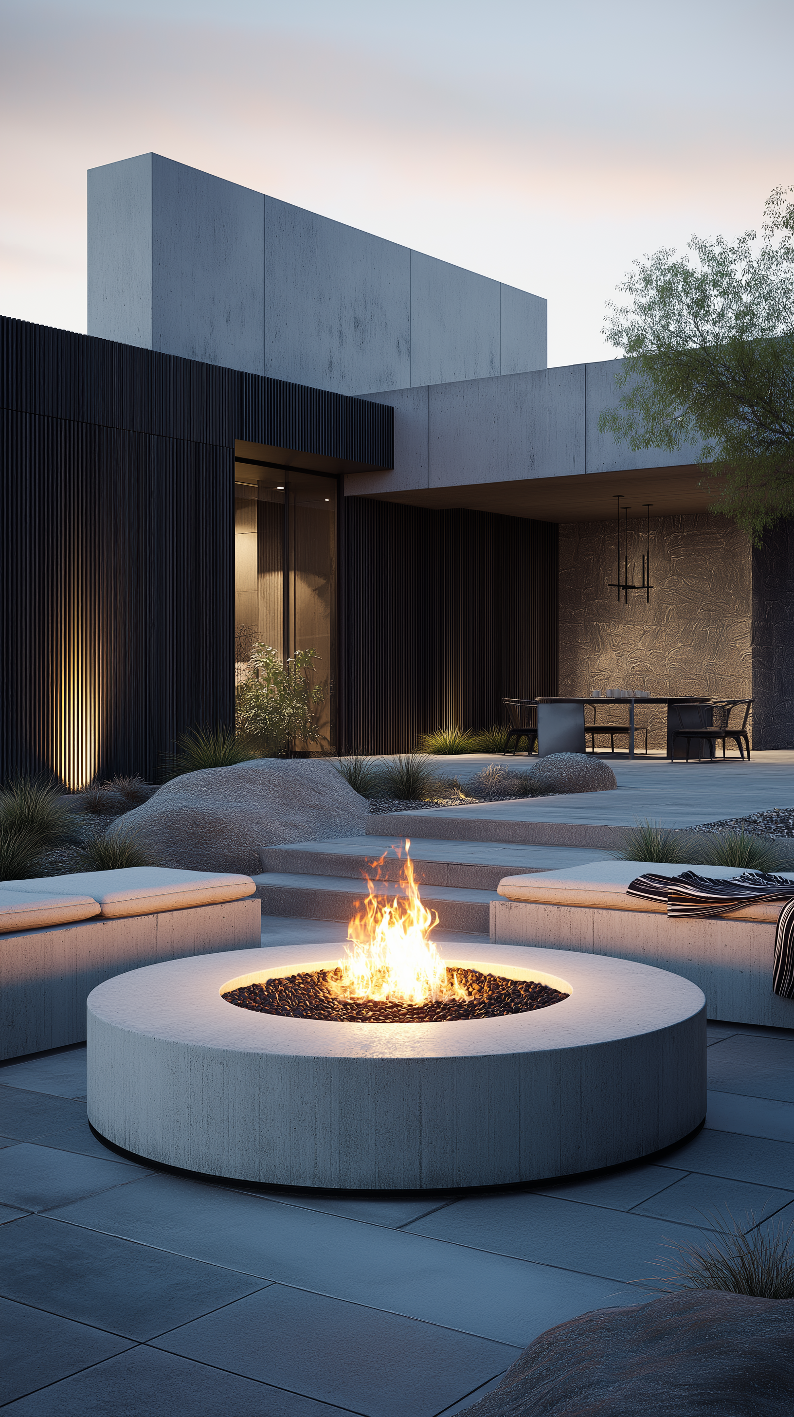 Luxury outdoor fire feature at dusk, Southern Oregon
