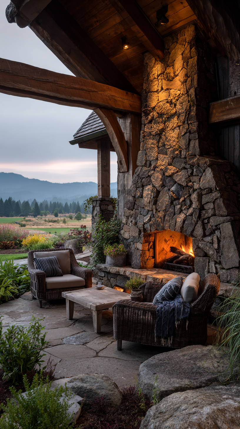 Covered patio stone fireplace, Southern Oregon