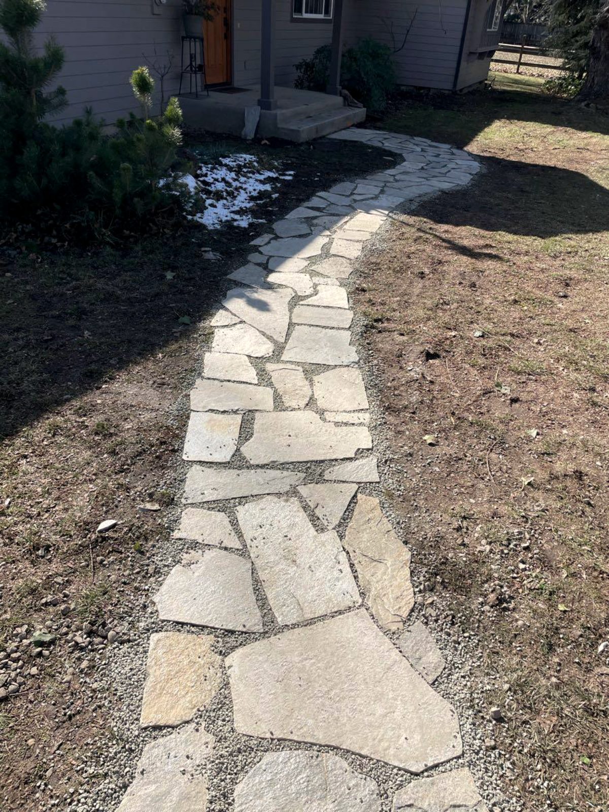 Flagstone pathway set into planted beds, Medford Oregon