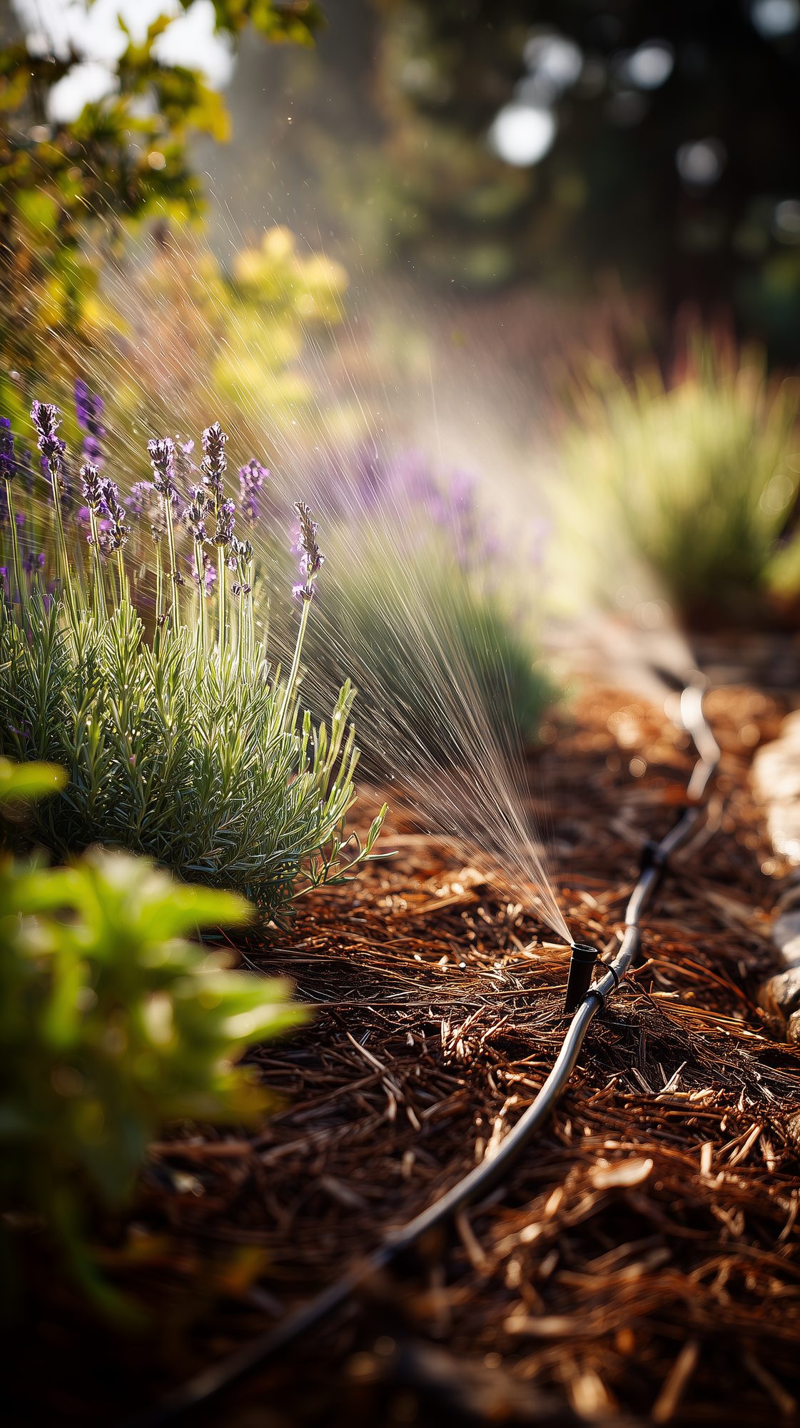 Drip irrigation installed through a planted bed, Southern Oregon residential garden