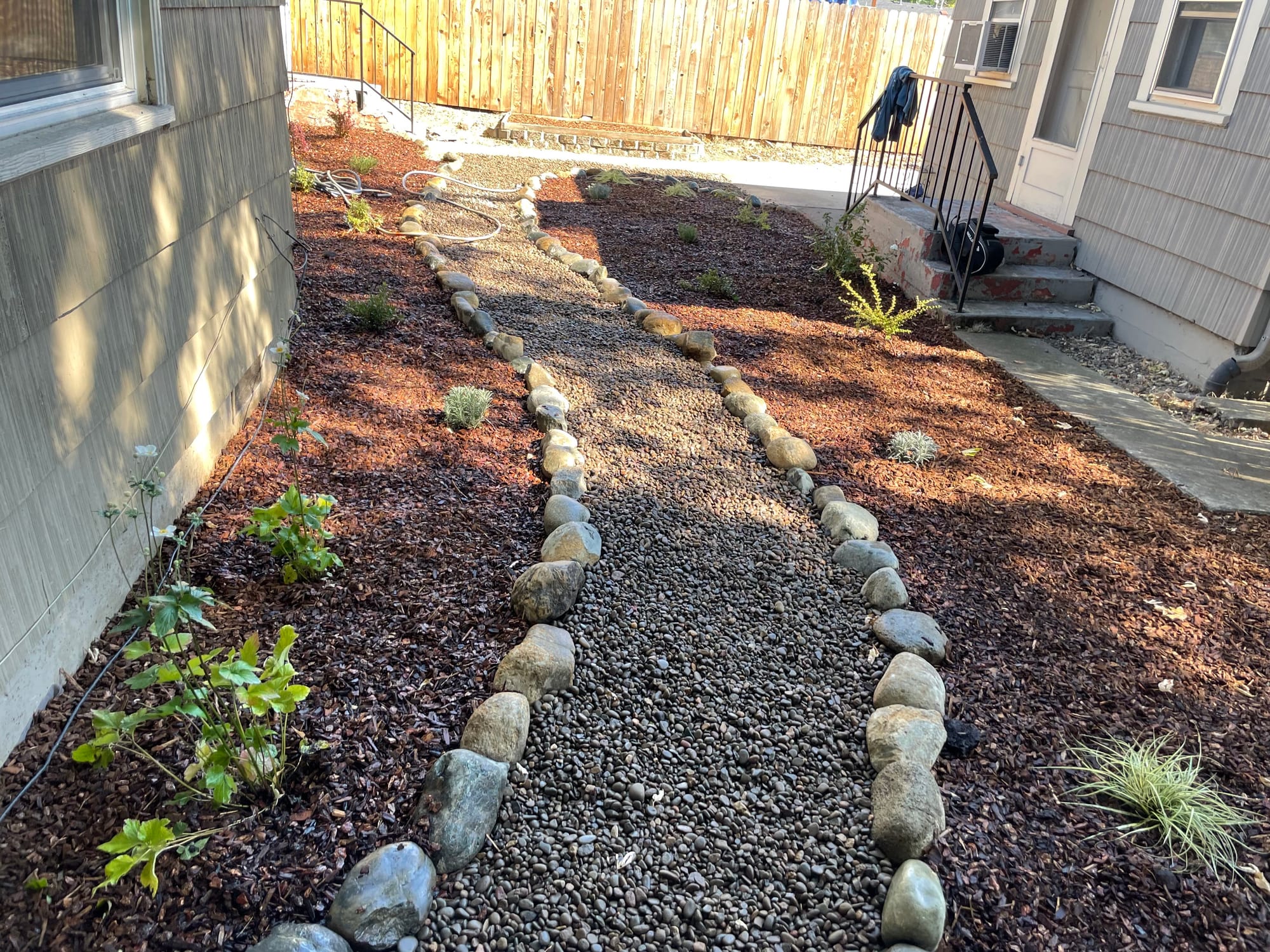 Side-yard dry creek installation, Medford — after