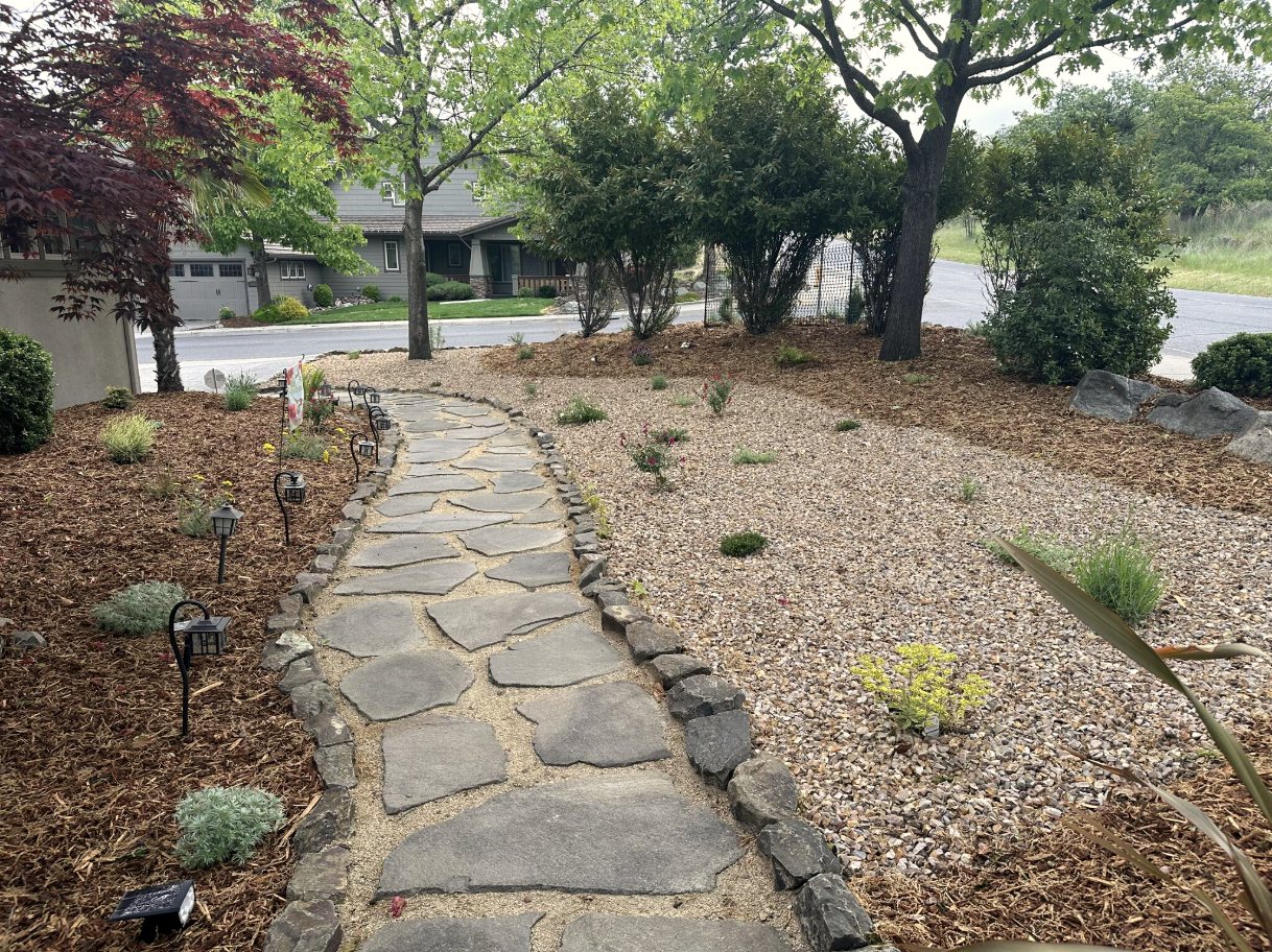 Flagstone set into a low-water xeriscape garden, Medford Oregon