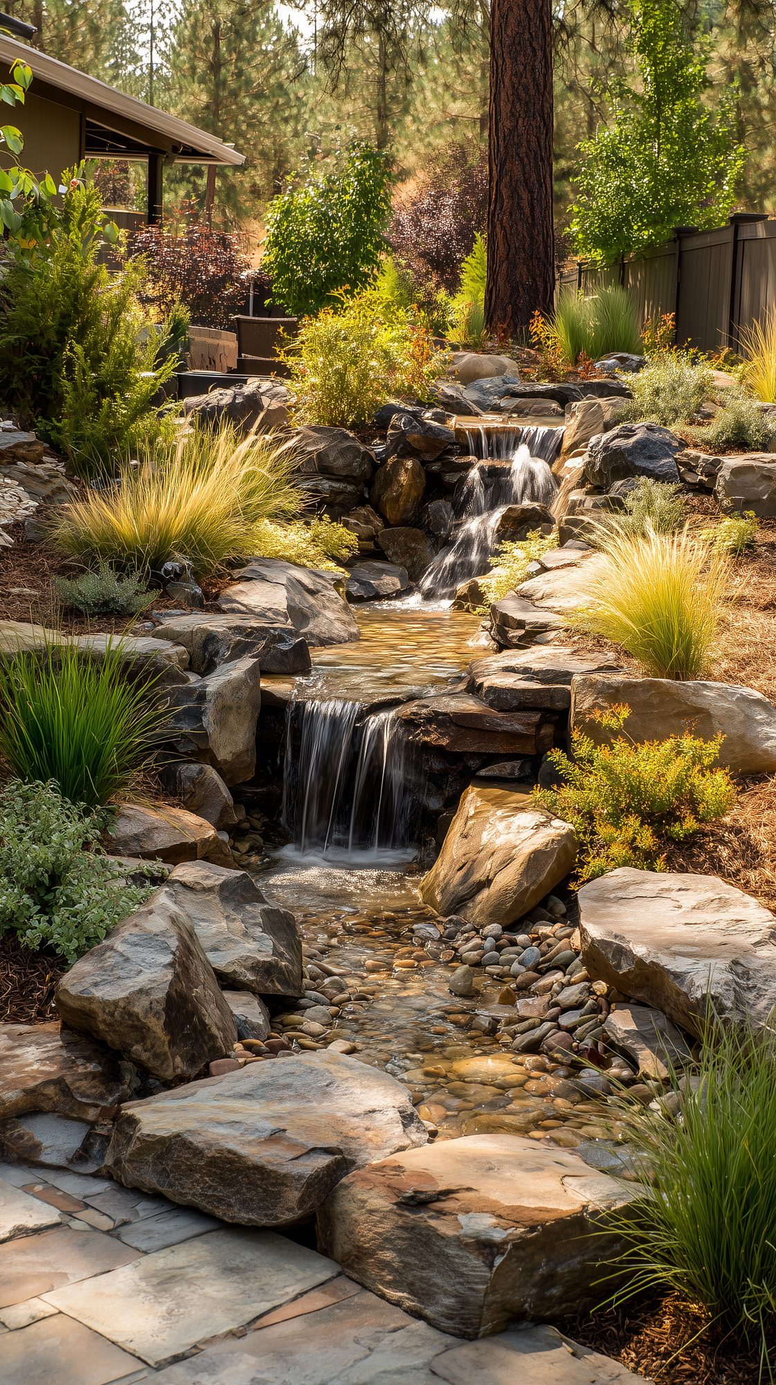 Cascading stone waterfall feeding a garden pond, Southern Oregon