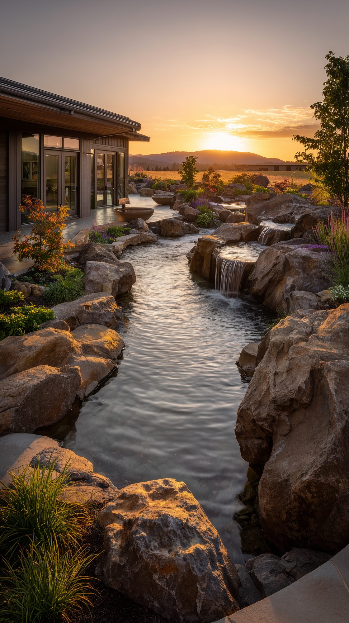 Naturalistic stone water feature set into a residential garden, Southern Oregon